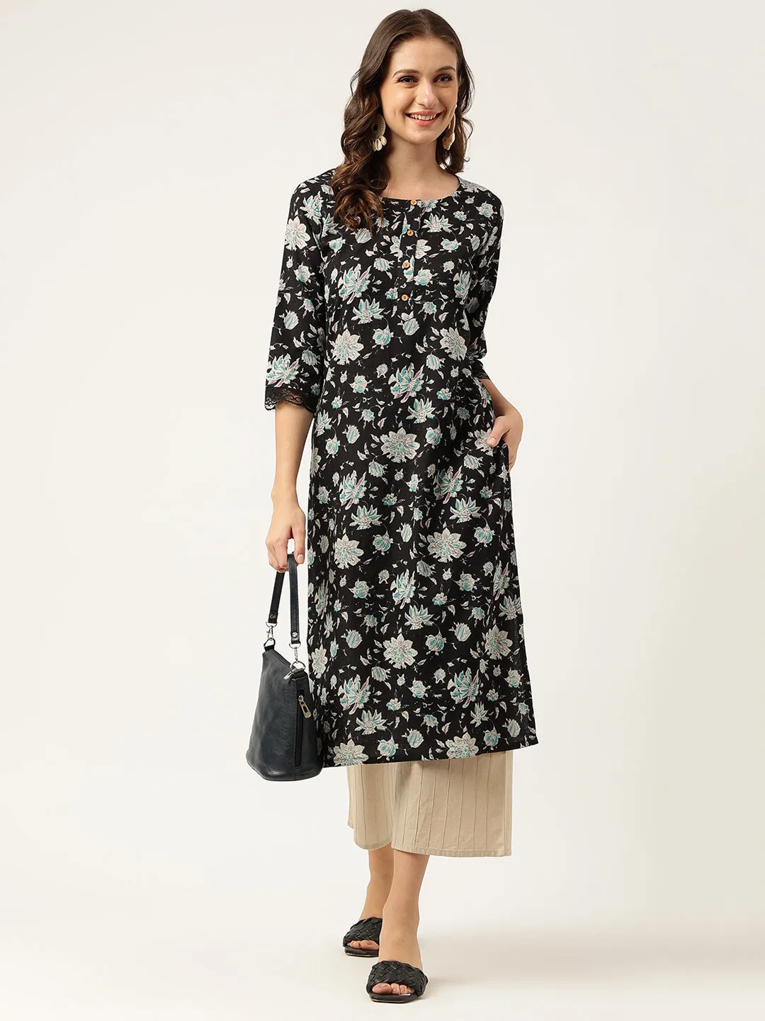 Black Floral Print Straight Fit Cotton Kurta