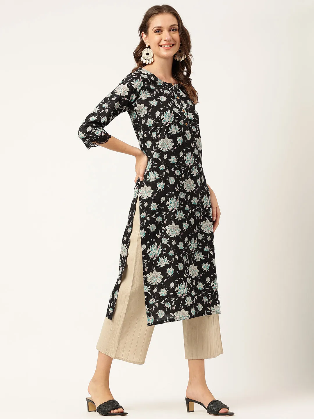 Black Floral Print Straight Fit Cotton Kurta