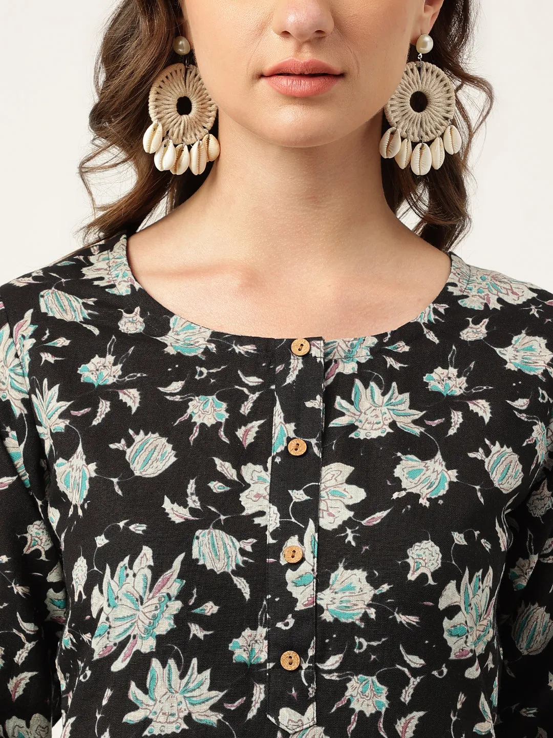 Black Floral Print Straight Fit Cotton Kurta