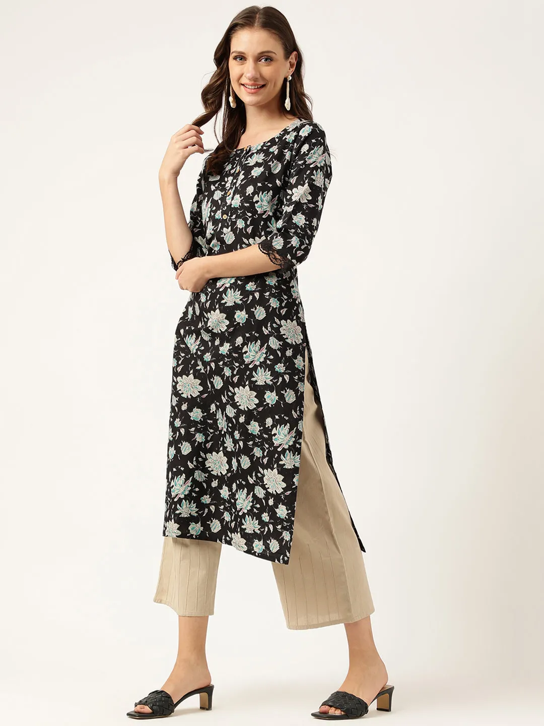 Black Floral Print Straight Fit Cotton Kurta