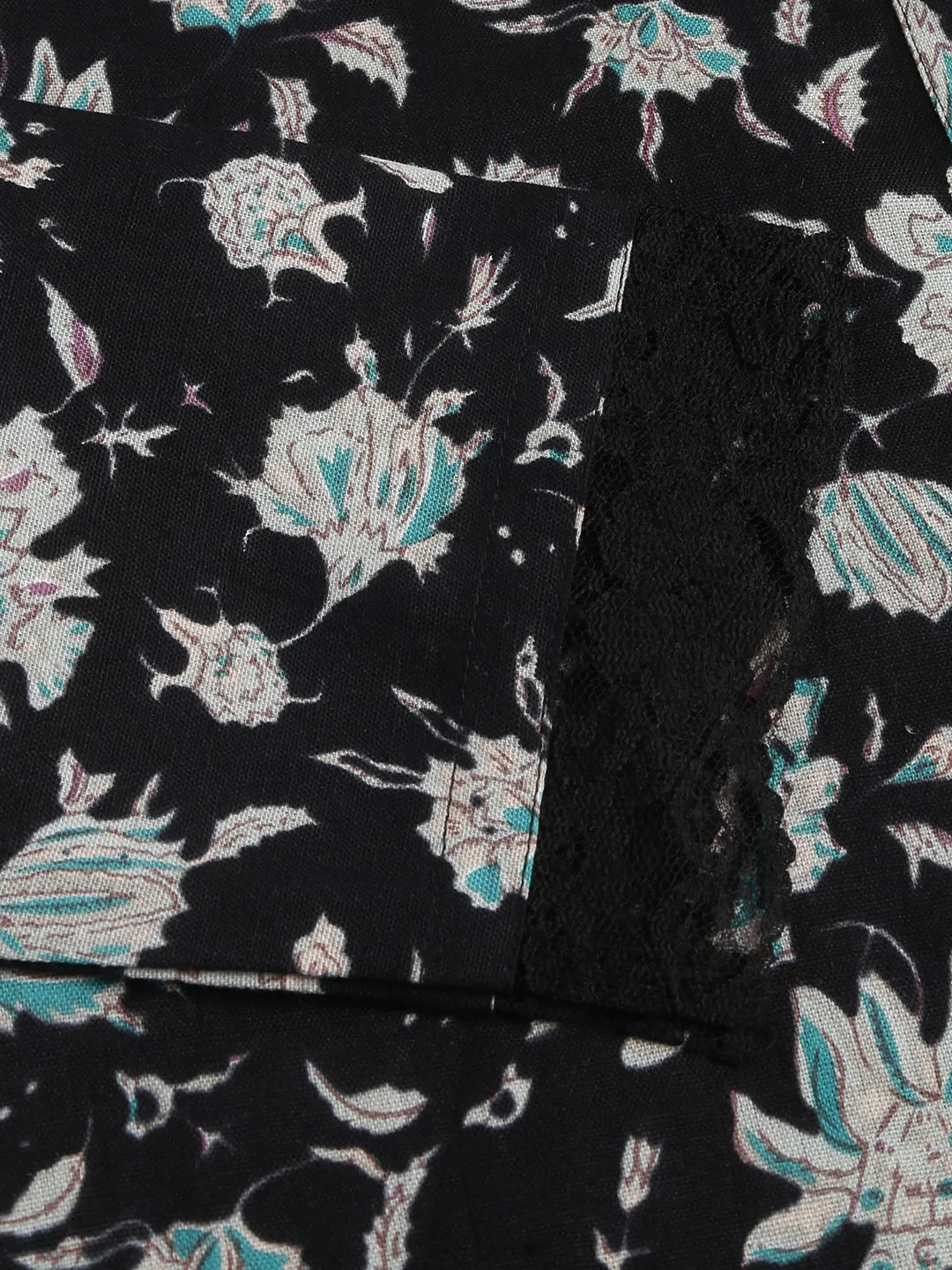 Black Floral Print Straight Fit Cotton Kurta
