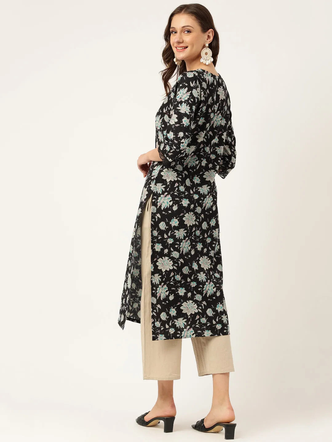 Black Floral Print Straight Fit Cotton Kurta