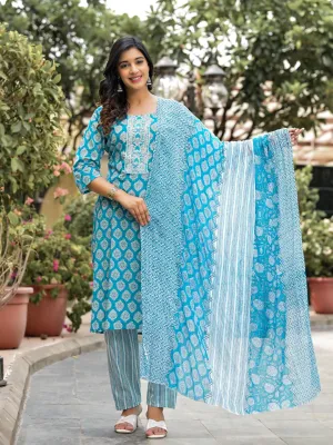 Blue Ethnic Motif Printed Cotton Kurta, Pant And Dupatta Set With Zari Work