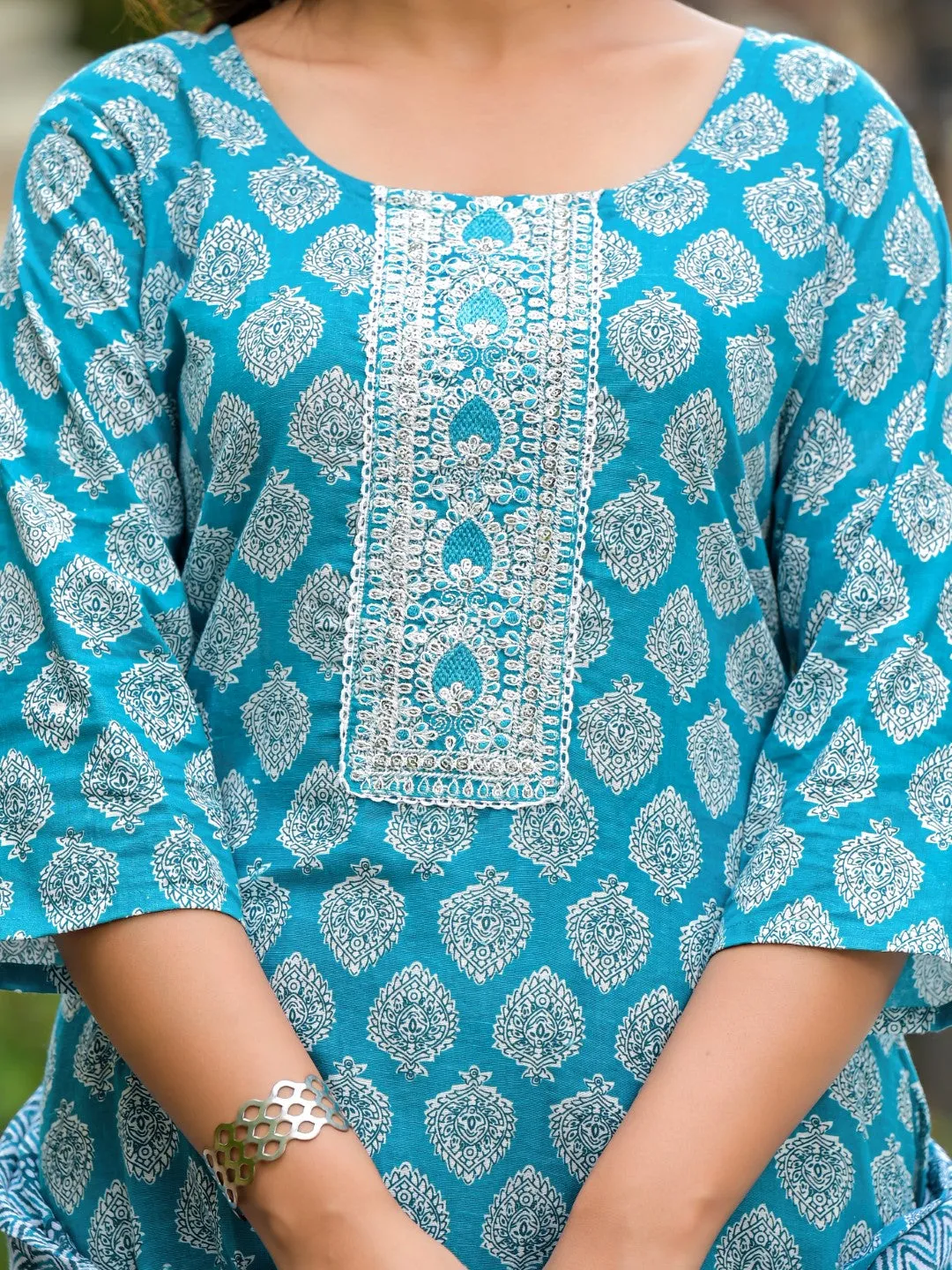 Blue Ethnic Motif Printed Cotton Kurta, Pant And Dupatta Set With Zari Work
