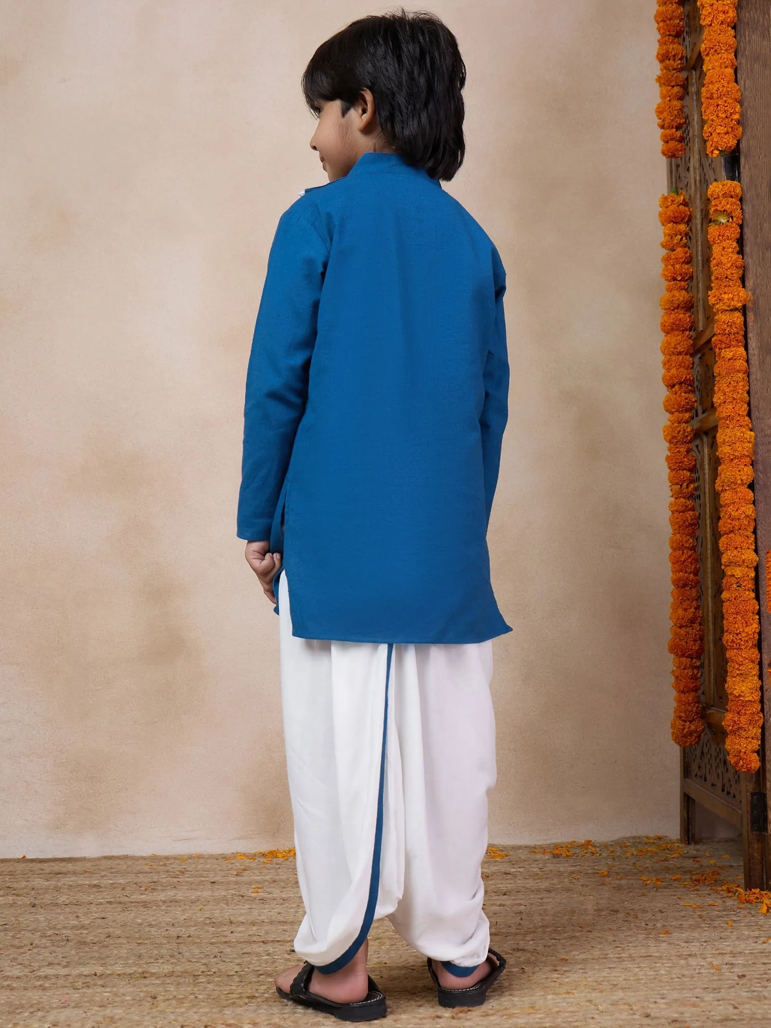 Boys Mandarin Collar Floral Yoke Design Regular Thread Work Kurta With Dhoti Pants