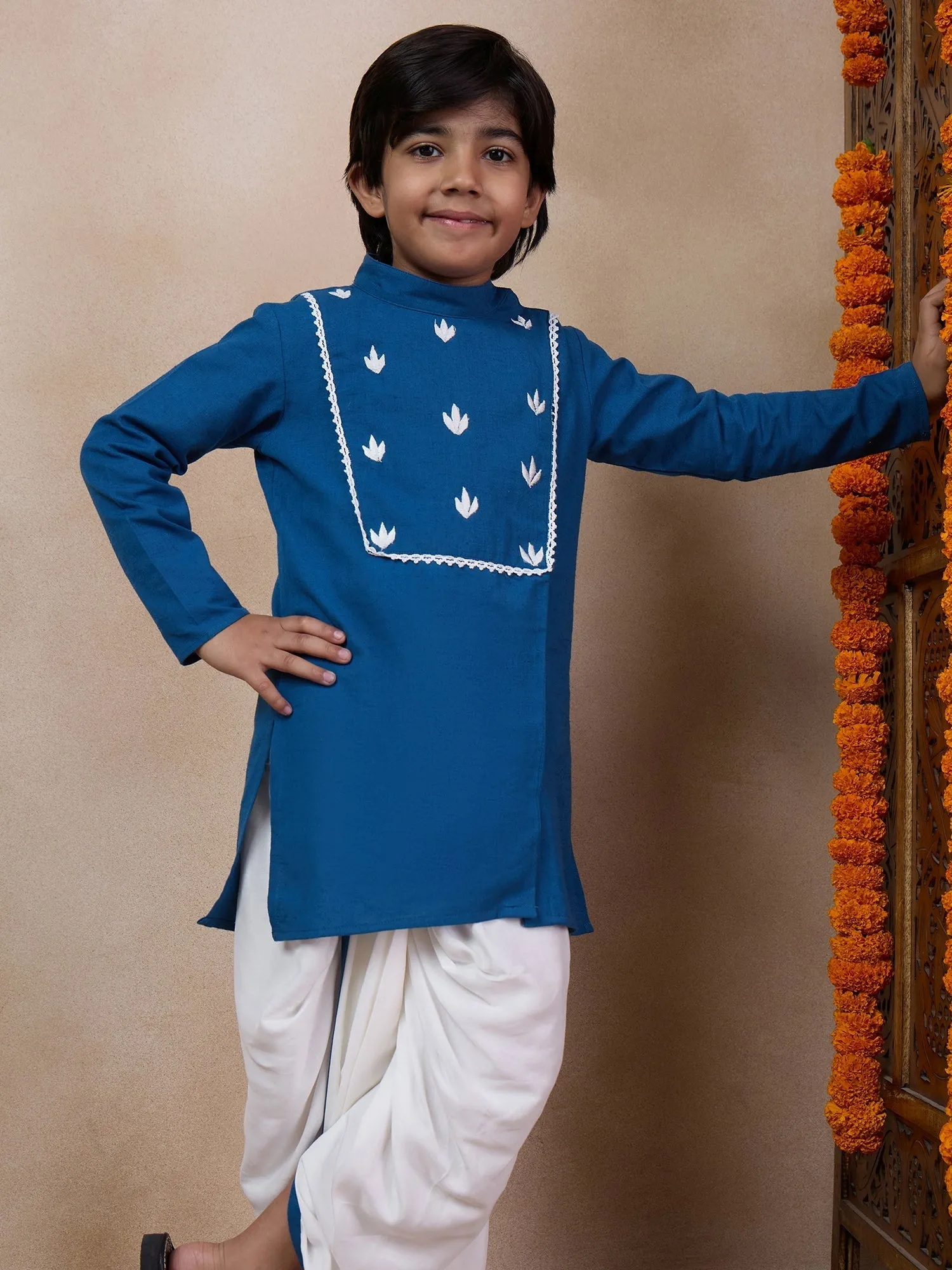 Boys Mandarin Collar Floral Yoke Design Regular Thread Work Kurta With Dhoti Pants