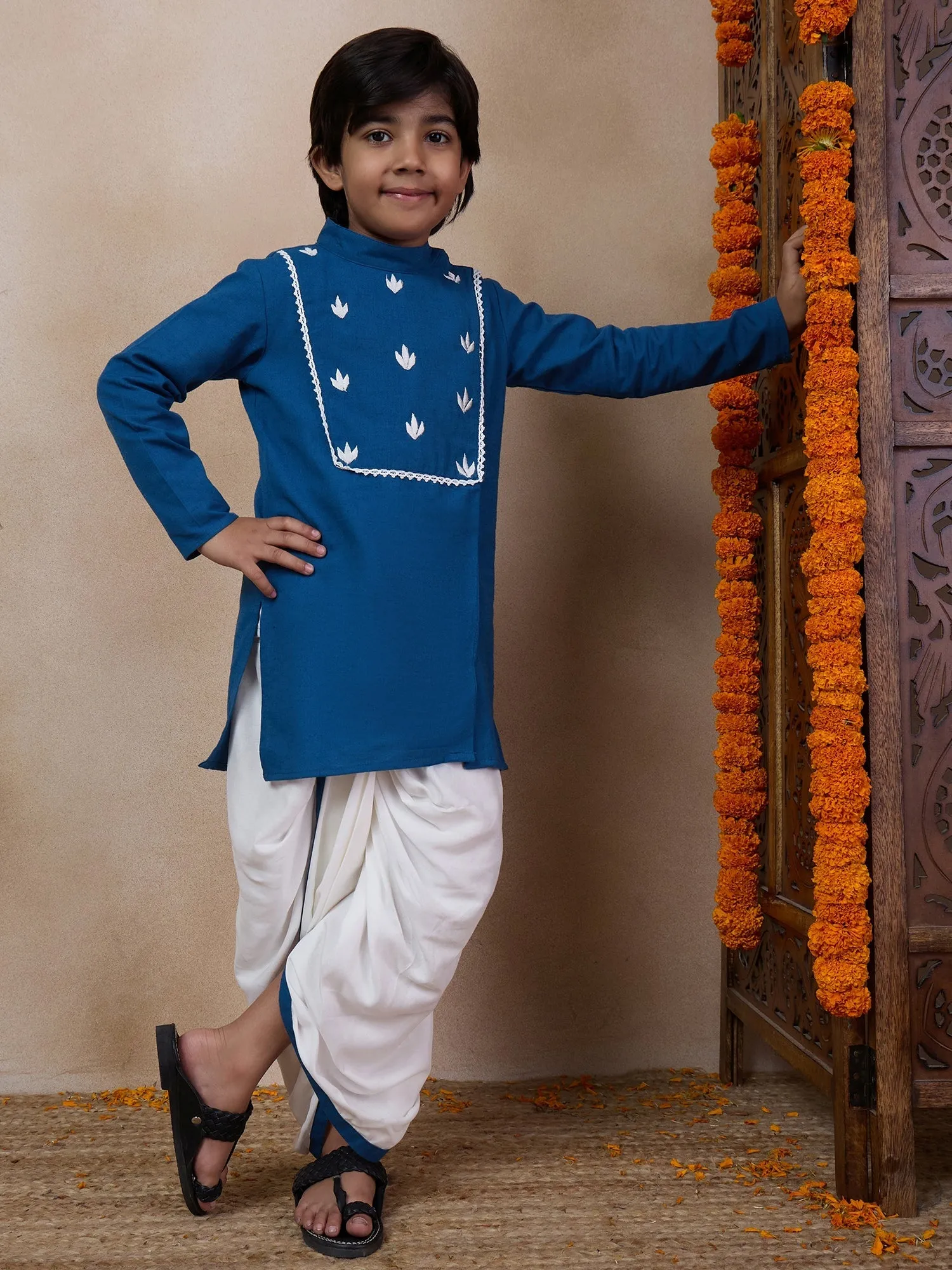 Boys Mandarin Collar Floral Yoke Design Regular Thread Work Kurta With Dhoti Pants
