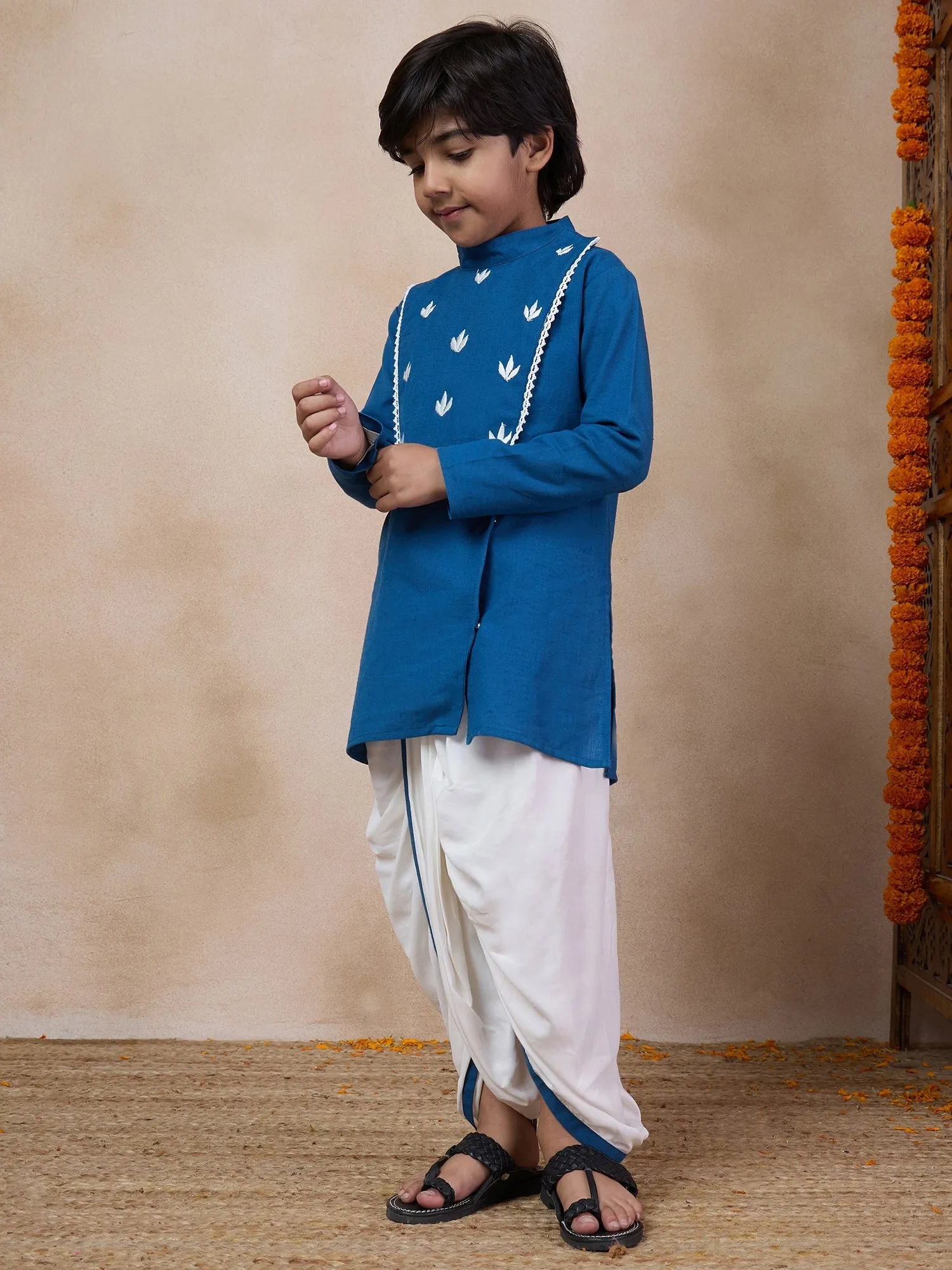 Boys Mandarin Collar Floral Yoke Design Regular Thread Work Kurta With Dhoti Pants