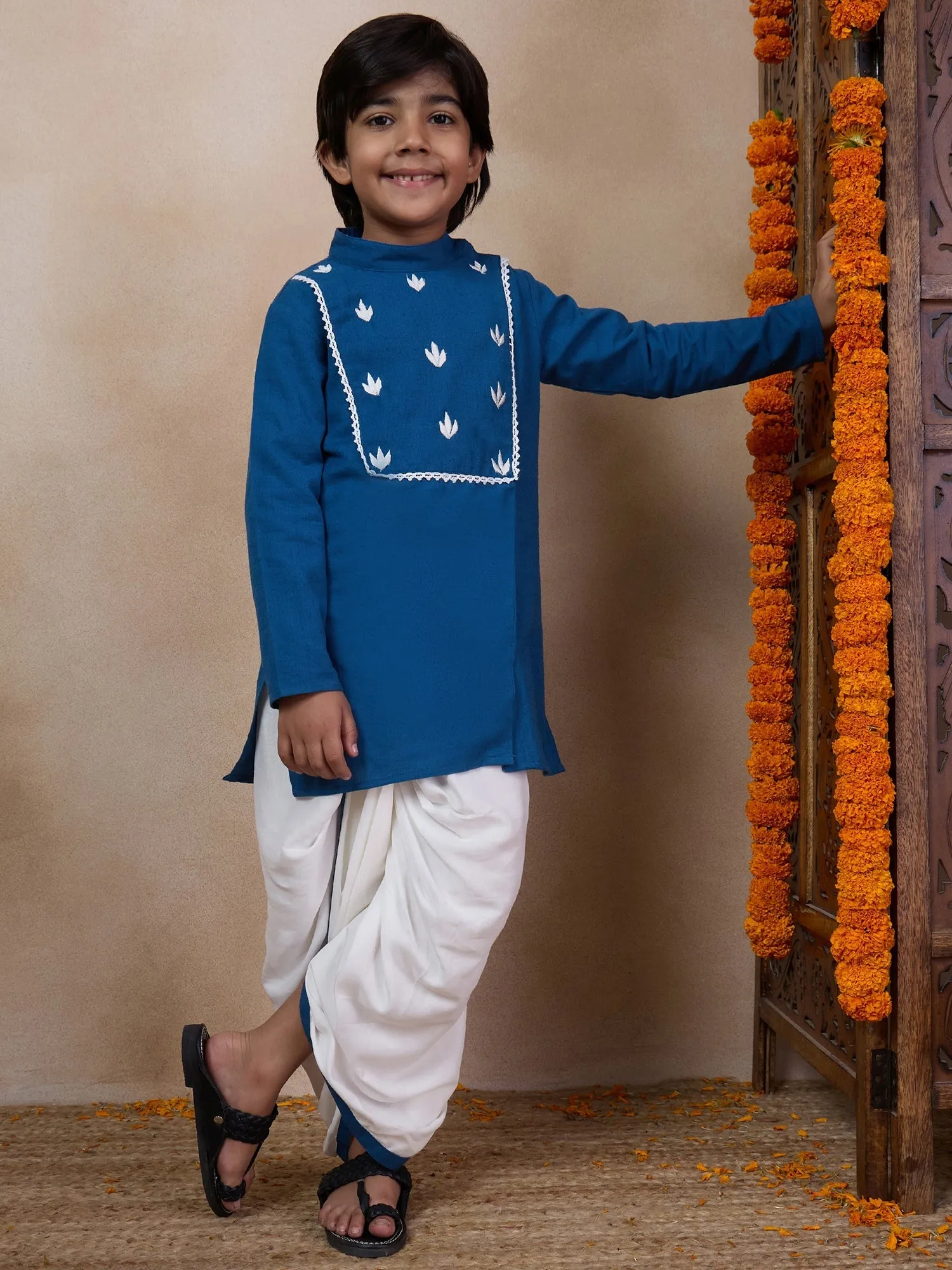 Boys Mandarin Collar Floral Yoke Design Regular Thread Work Kurta With Dhoti Pants