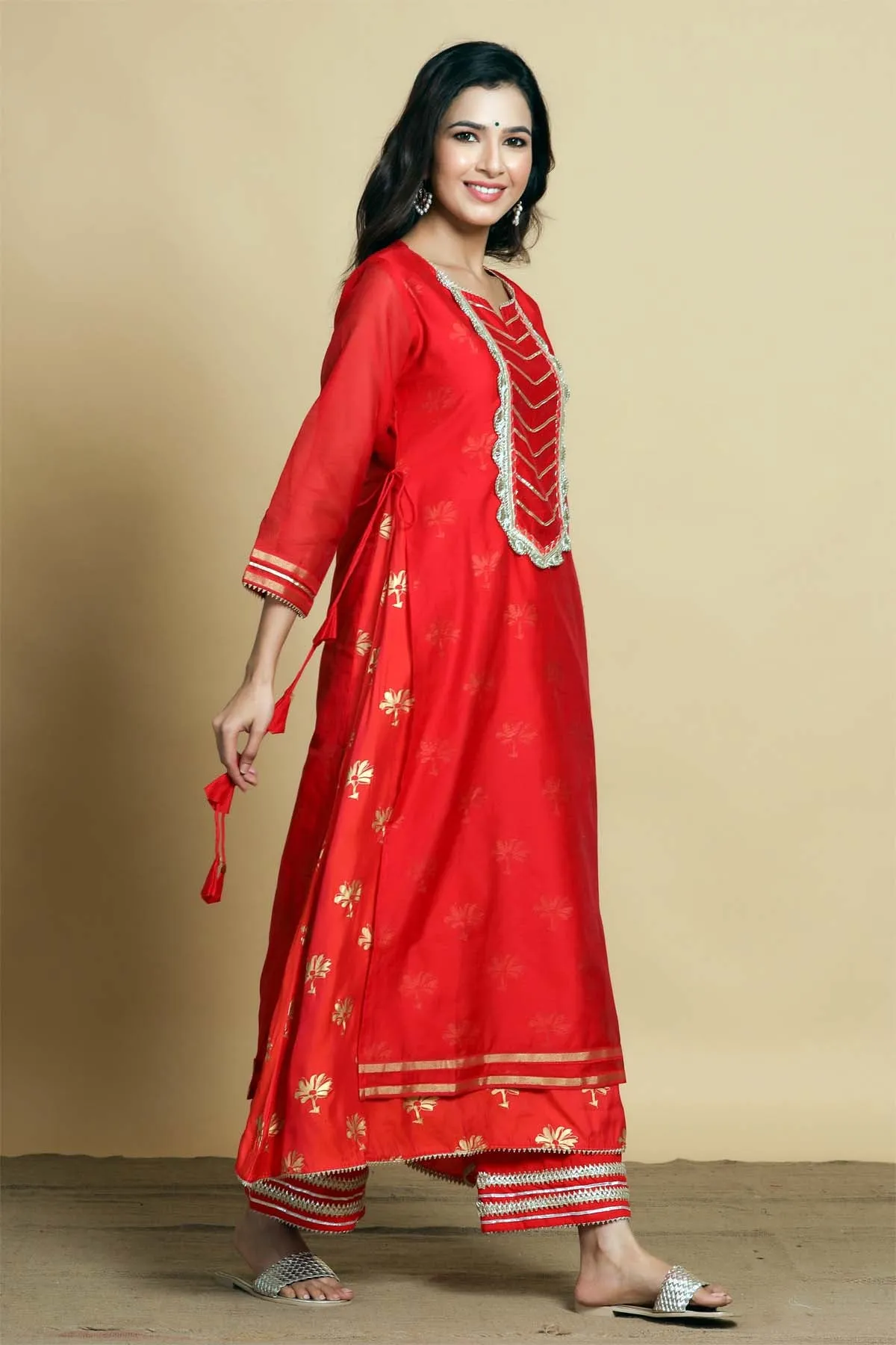 Double layered Red chanderi kurta