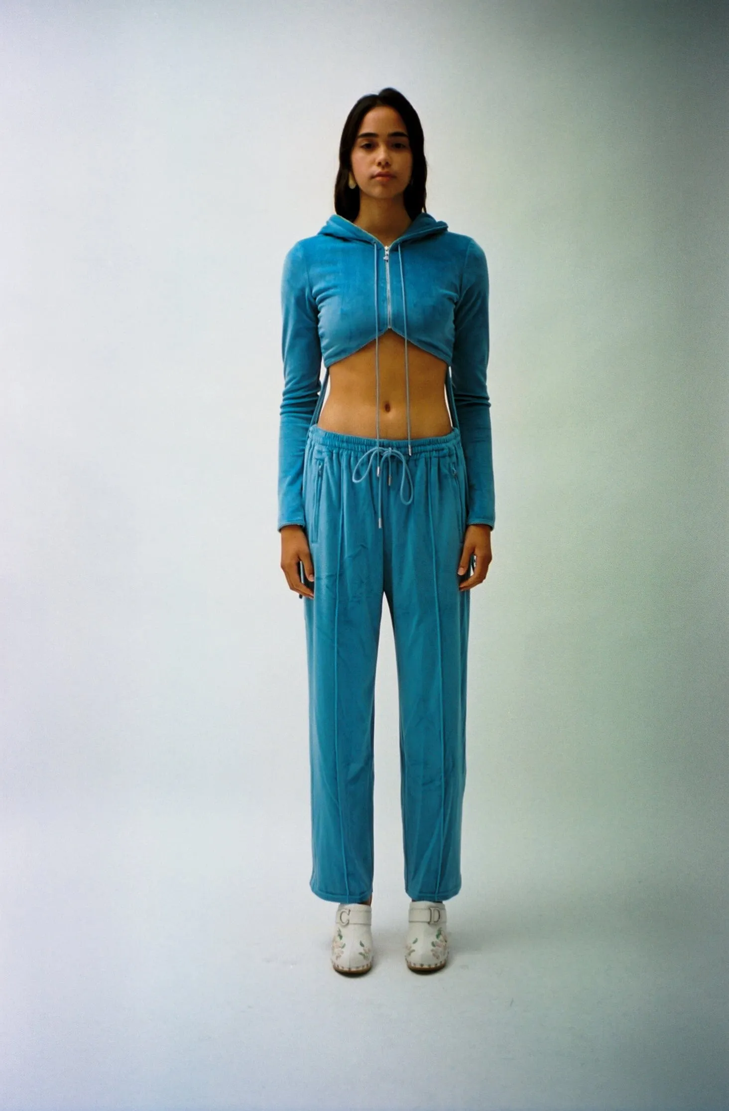 Dusty Blue Cropped Zip Up Velour Hoodie