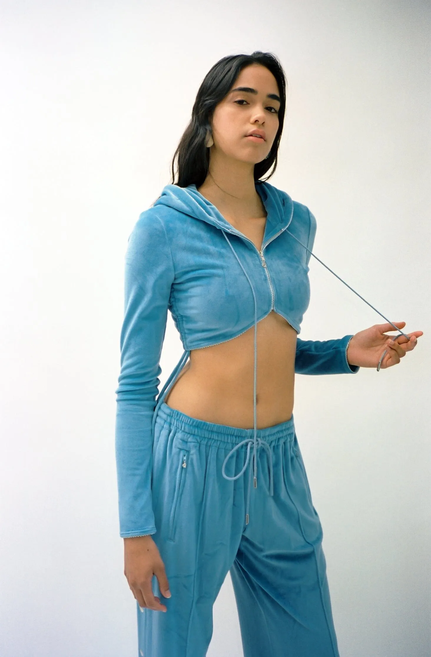 Dusty Blue Cropped Zip Up Velour Hoodie