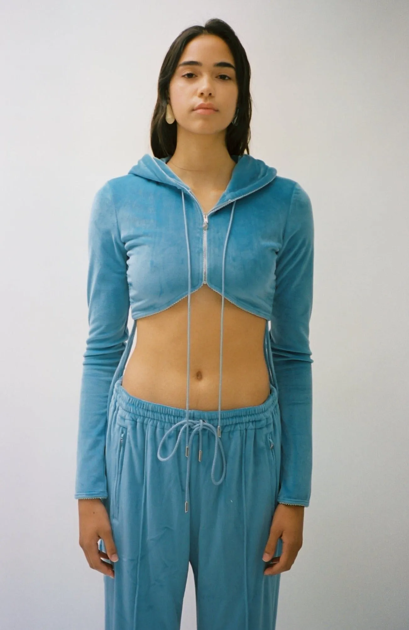Dusty Blue Cropped Zip Up Velour Hoodie