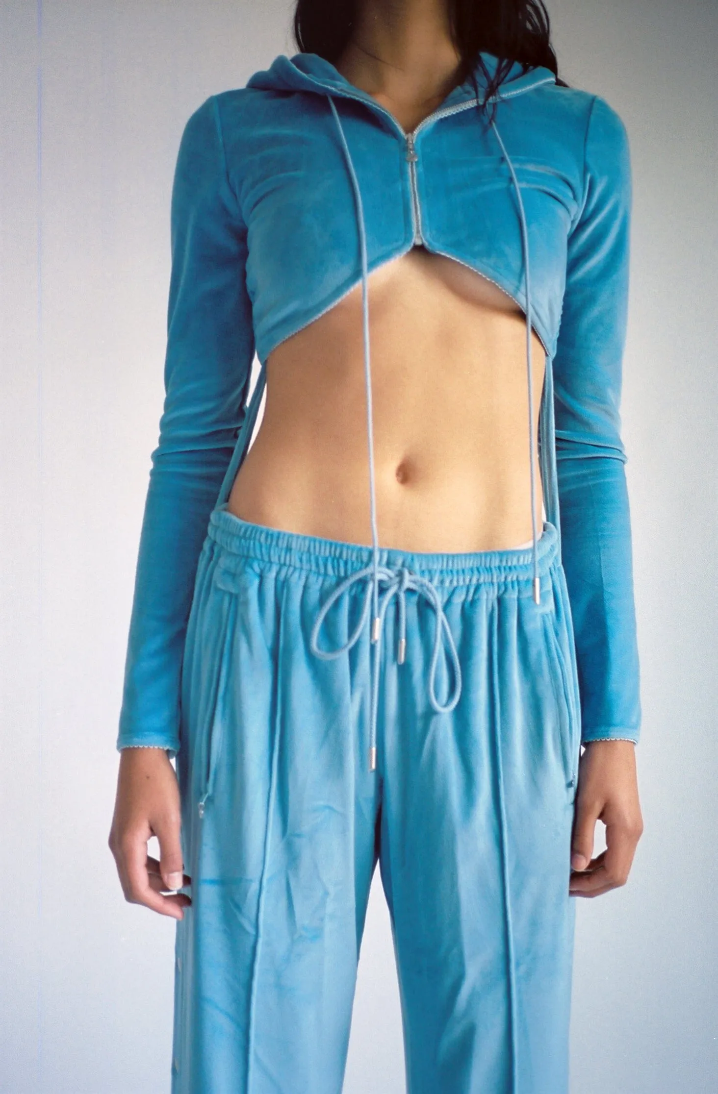 Dusty Blue Cropped Zip Up Velour Hoodie