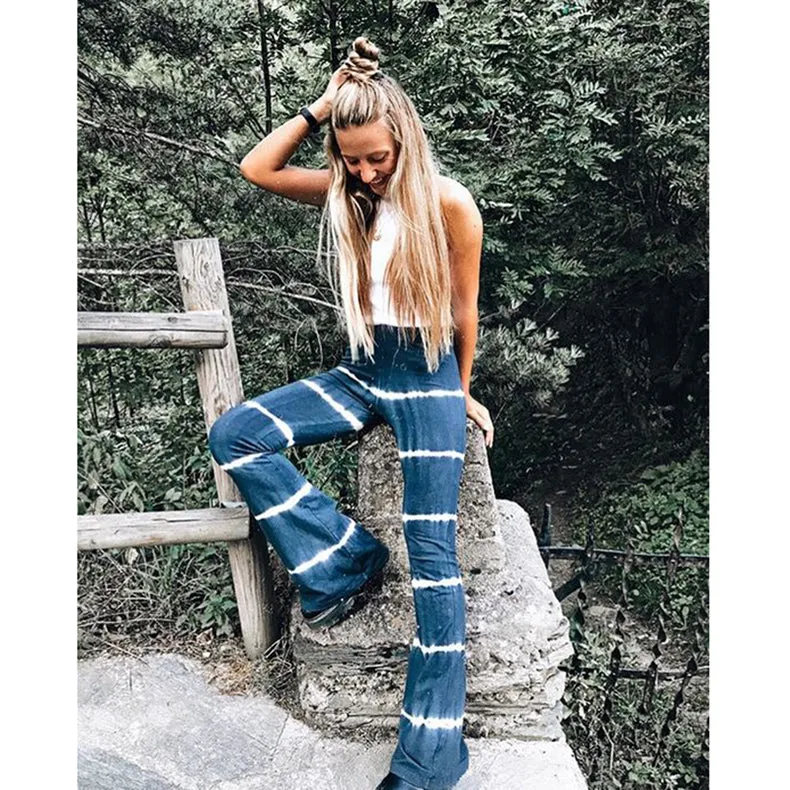 Fashionkova AA Women's Flared Pants High-Waist Trousers Stripes Casual Loose Slimming Pants Summer Bottoms