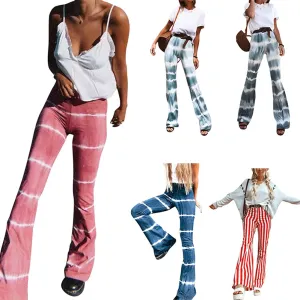 Fashionkova AA Women's Flared Pants High-Waist Trousers Stripes Casual Loose Slimming Pants Summer Bottoms