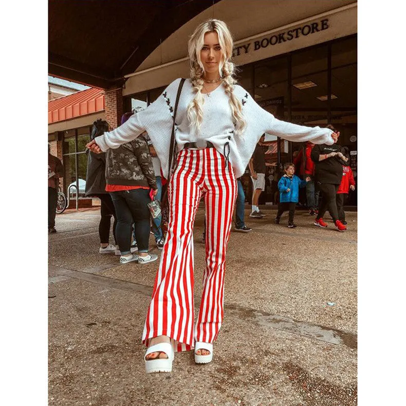 Fashionkova AA Women's Flared Pants High-Waist Trousers Stripes Casual Loose Slimming Pants Summer Bottoms