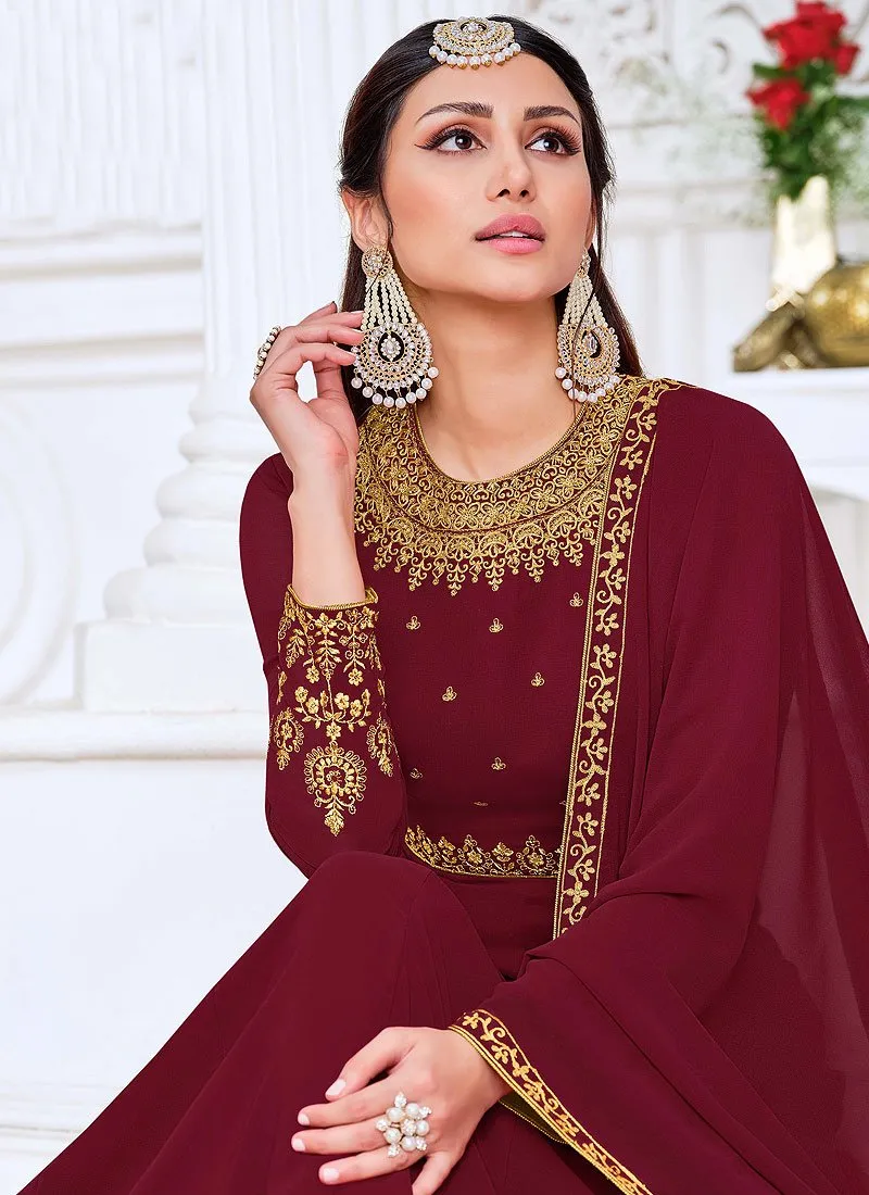 Front Slit Deep Maroon Zari Embroidered Anarkali Suit