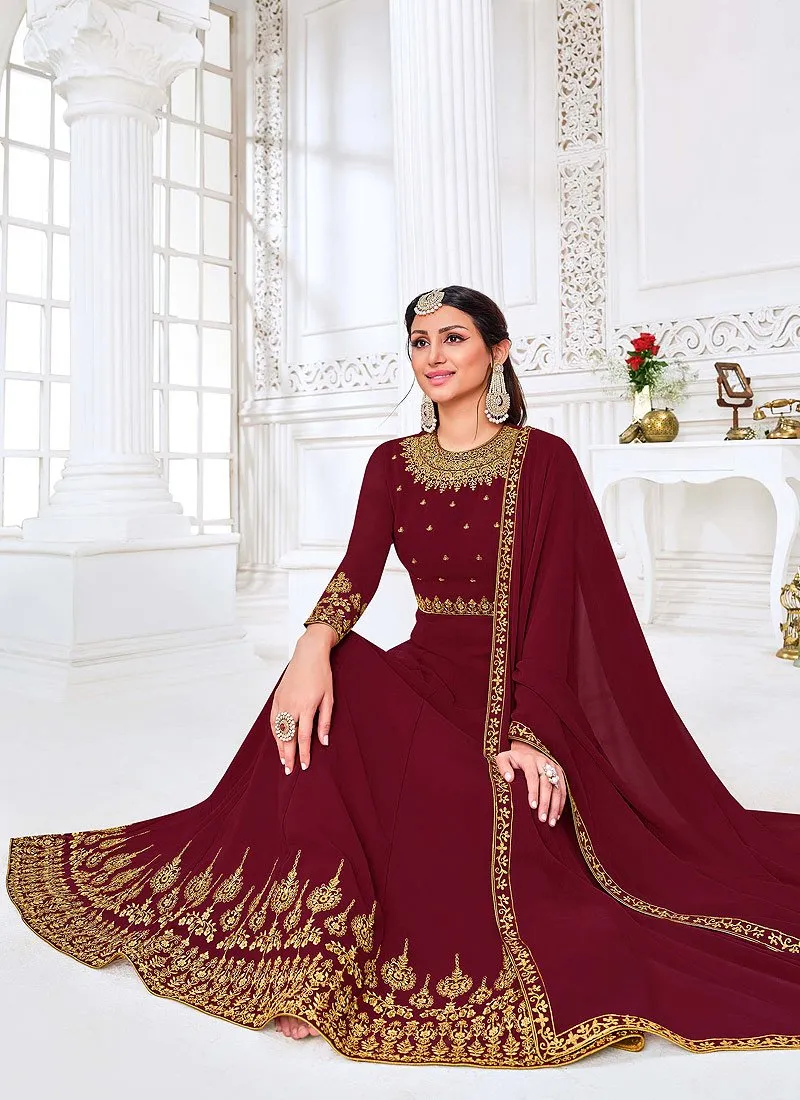Front Slit Deep Maroon Zari Embroidered Anarkali Suit
