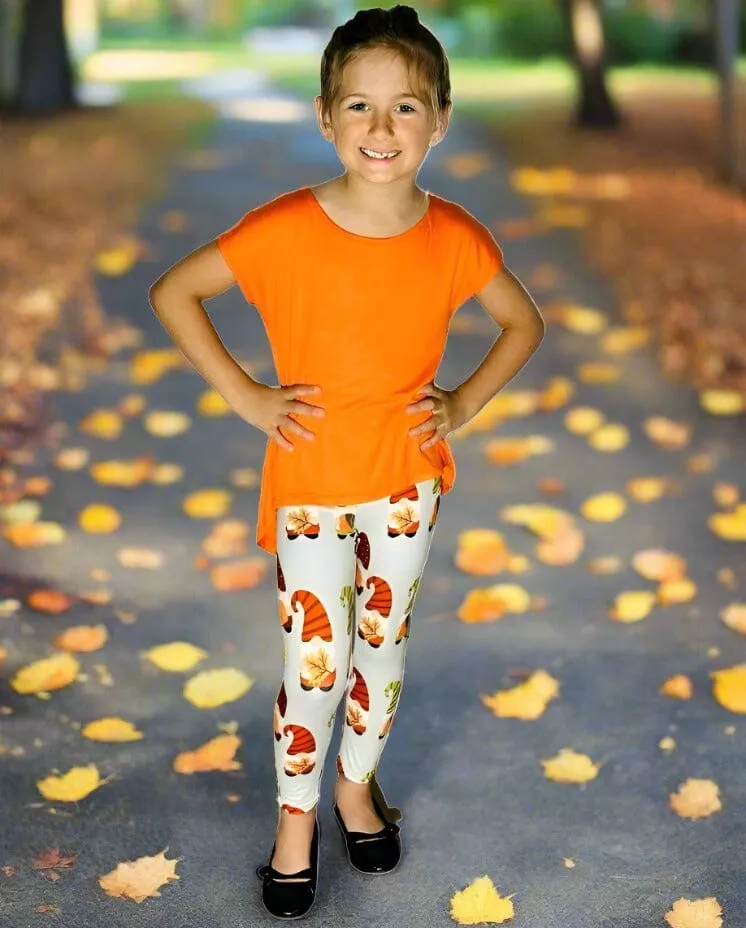 Girls Thanksgiving Gnome Pumpkin Leggings, Kids Yoga Pants, Sizes S/L, Yoga Waist, Gray/Orange, Exclusive Leggings