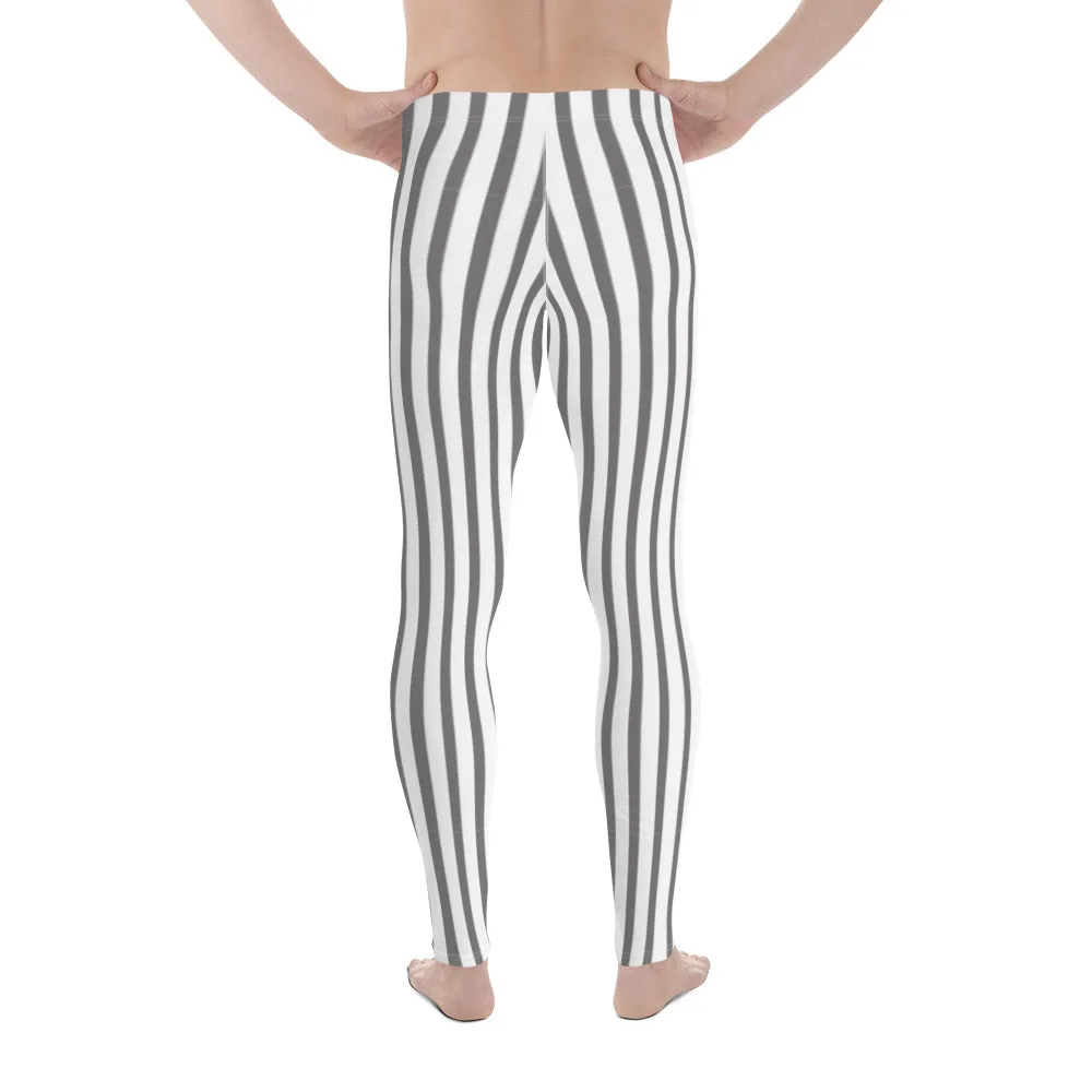 Grey White Striped Men's Leggings, Gray And White Vertically Striped Meggings-Made in USA/EU