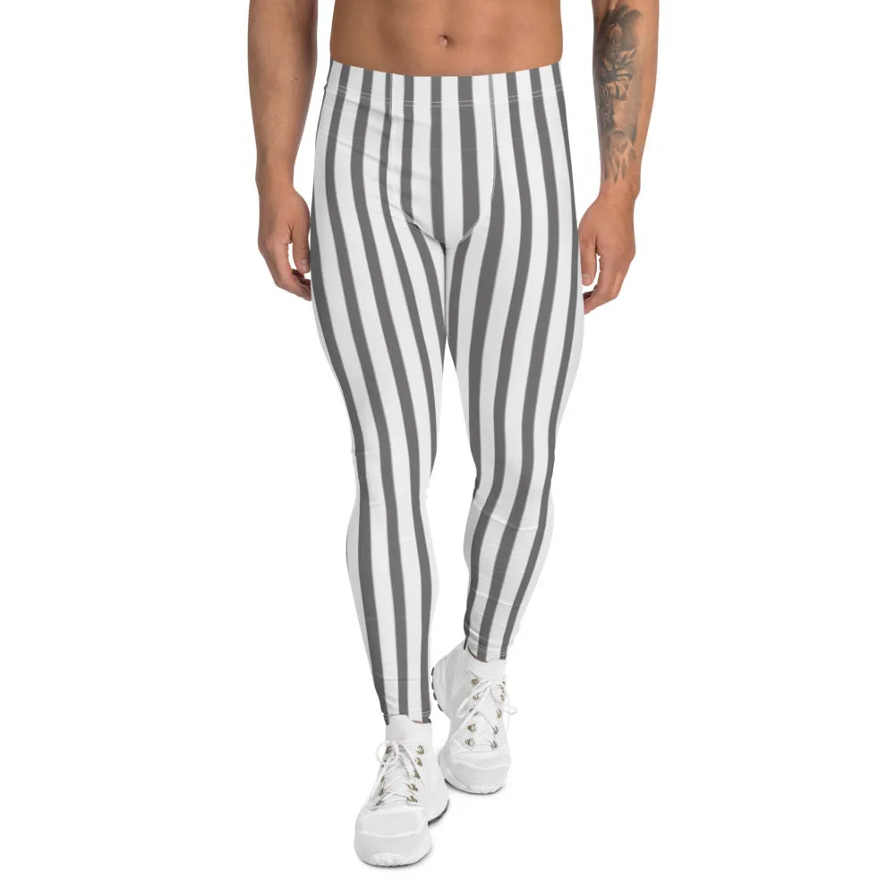 Grey White Striped Men's Leggings, Gray And White Vertically Striped Meggings-Made in USA/EU