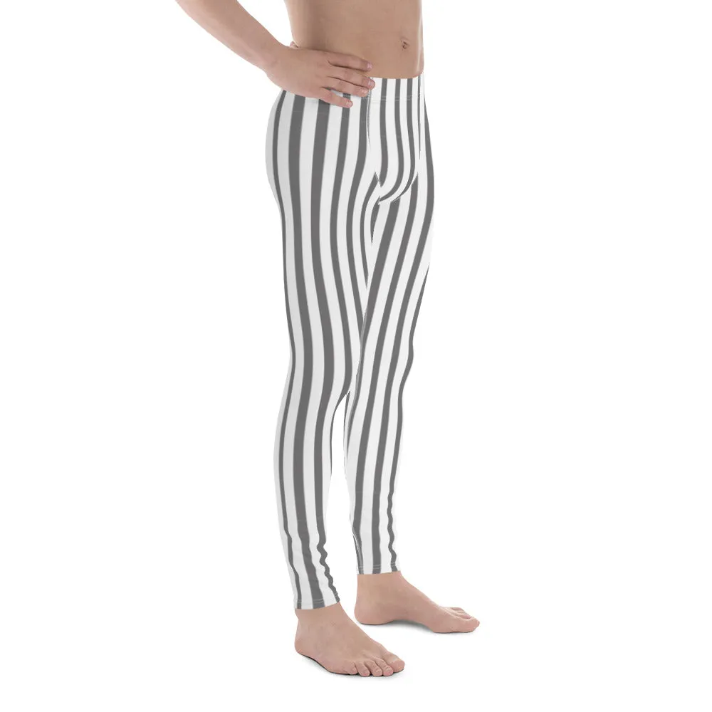 Grey White Striped Men's Leggings, Gray And White Vertically Striped Meggings-Made in USA/EU
