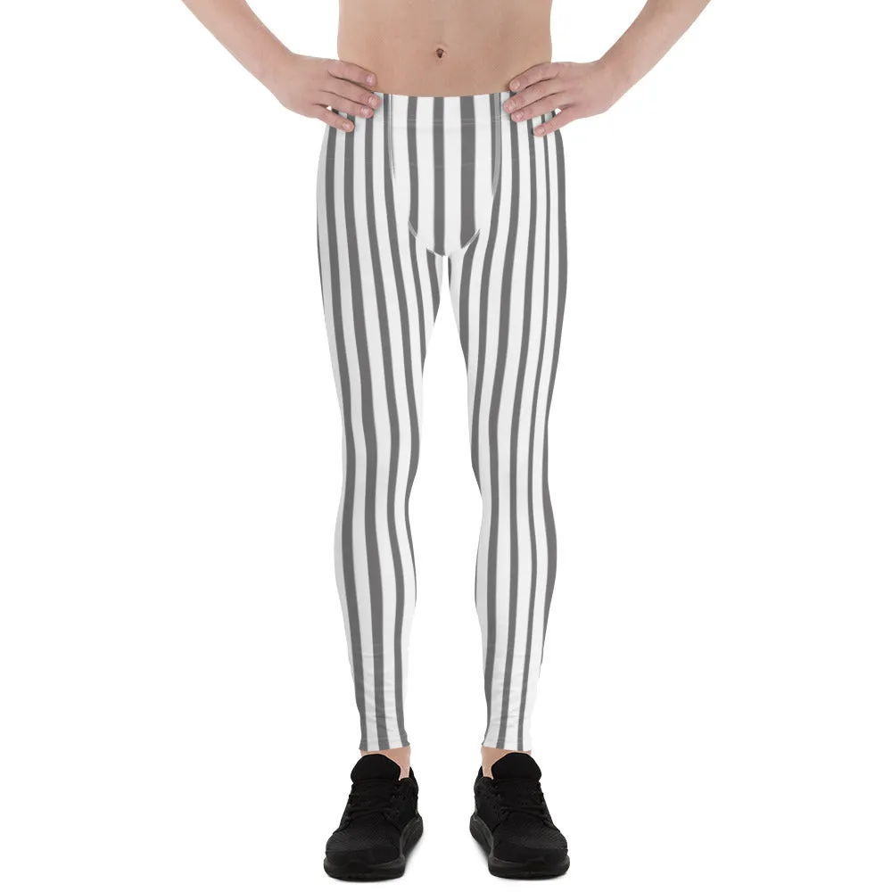 Grey White Striped Men's Leggings, Gray And White Vertically Striped Meggings-Made in USA/EU
