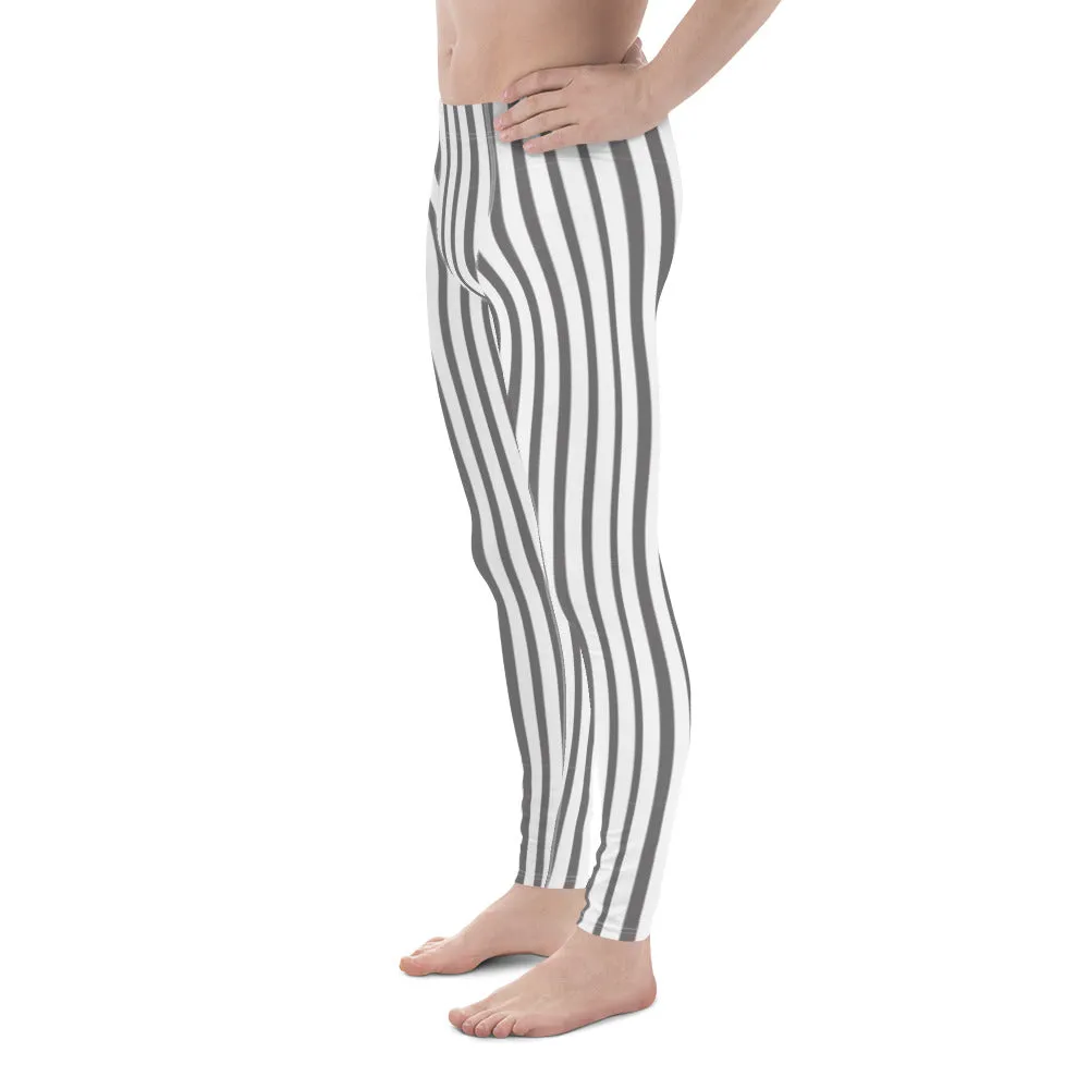 Grey White Striped Men's Leggings, Gray And White Vertically Striped Meggings-Made in USA/EU
