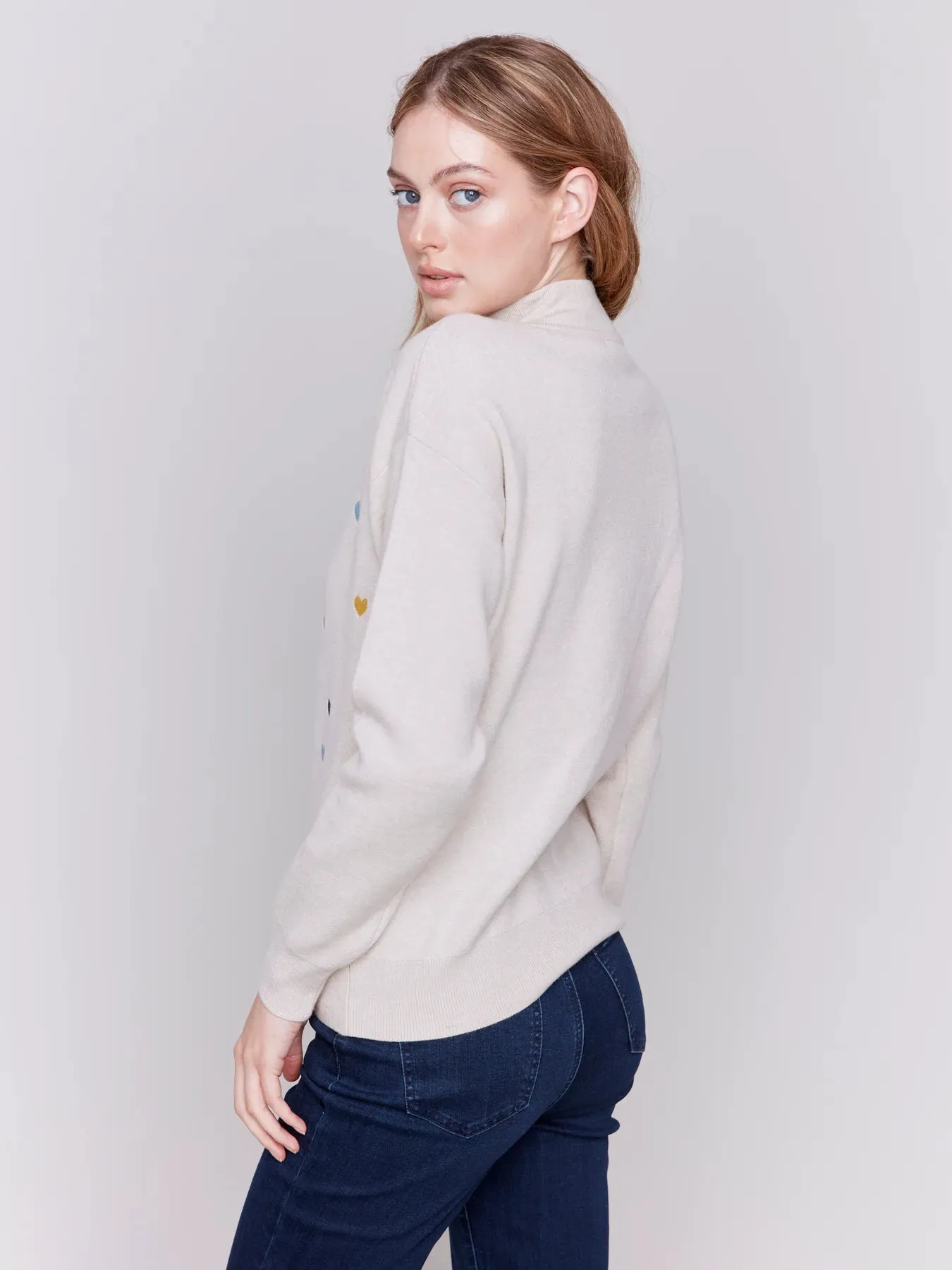 HEART EMBROIDERED MOCK NECK SWEATER