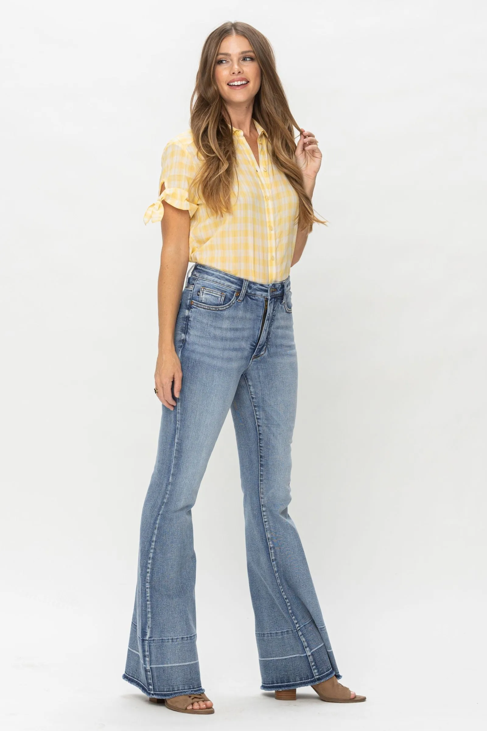 Judy Blue High Waist Contrast Tummy Control Release Hem Flare Denim 88486