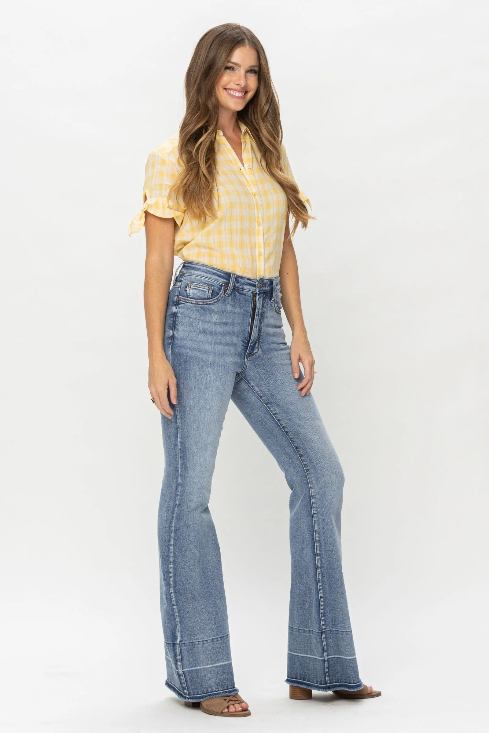 Judy Blue High Waist Contrast Tummy Control Release Hem Flare Denim 88486