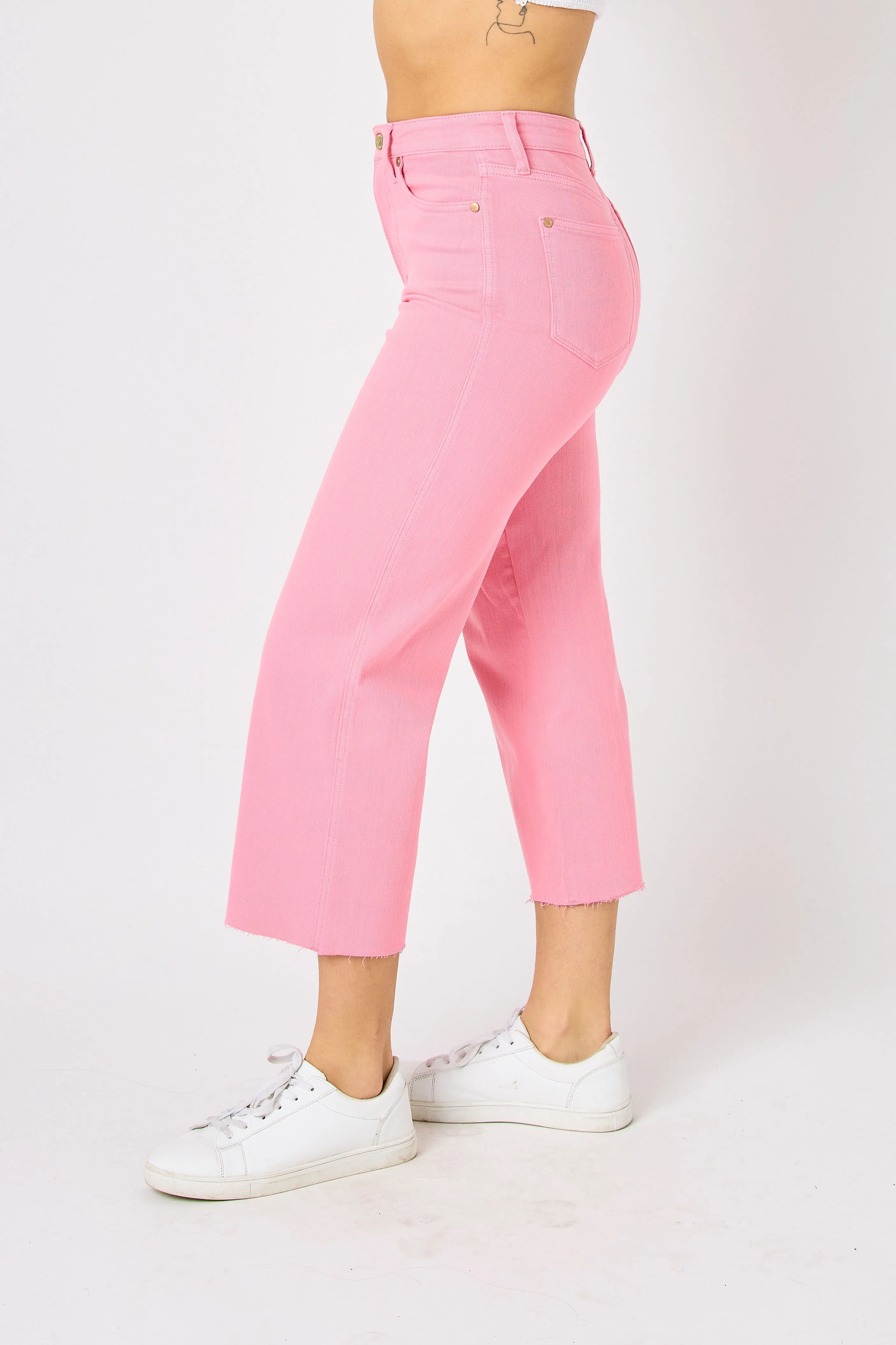 Judy Blue High Waist Tummy Control Garment Dyed Pink Wide Leg Crop Denim 88822