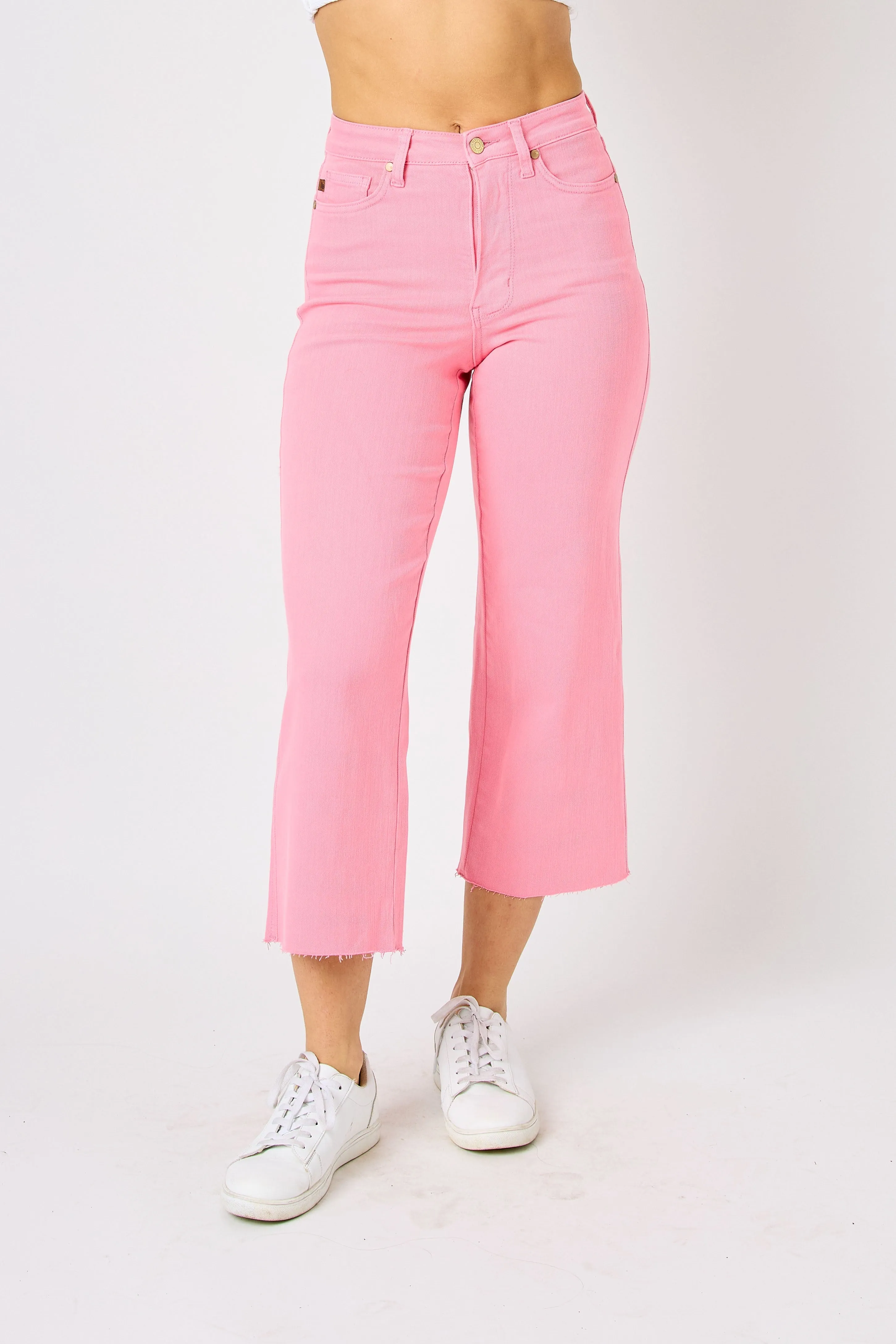 Judy Blue High Waist Tummy Control Garment Dyed Pink Wide Leg Crop Denim 88822