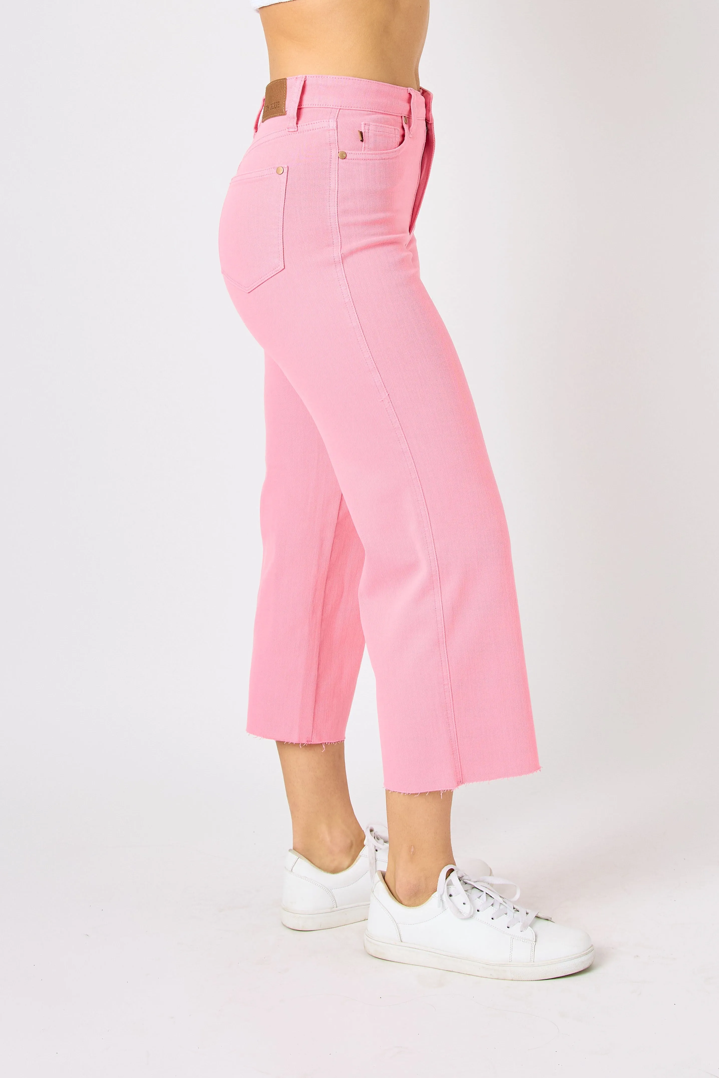 Judy Blue High Waist Tummy Control Garment Dyed Pink Wide Leg Crop Denim 88822