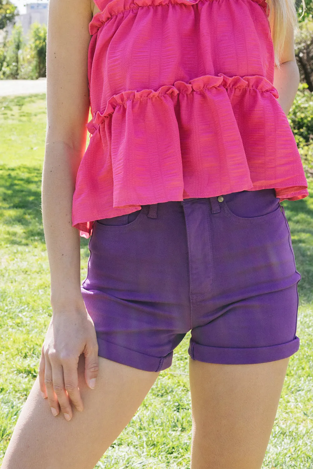 Judy Blue High Waist Tummy Control Garment Dyed Purple Denim Short 150268
