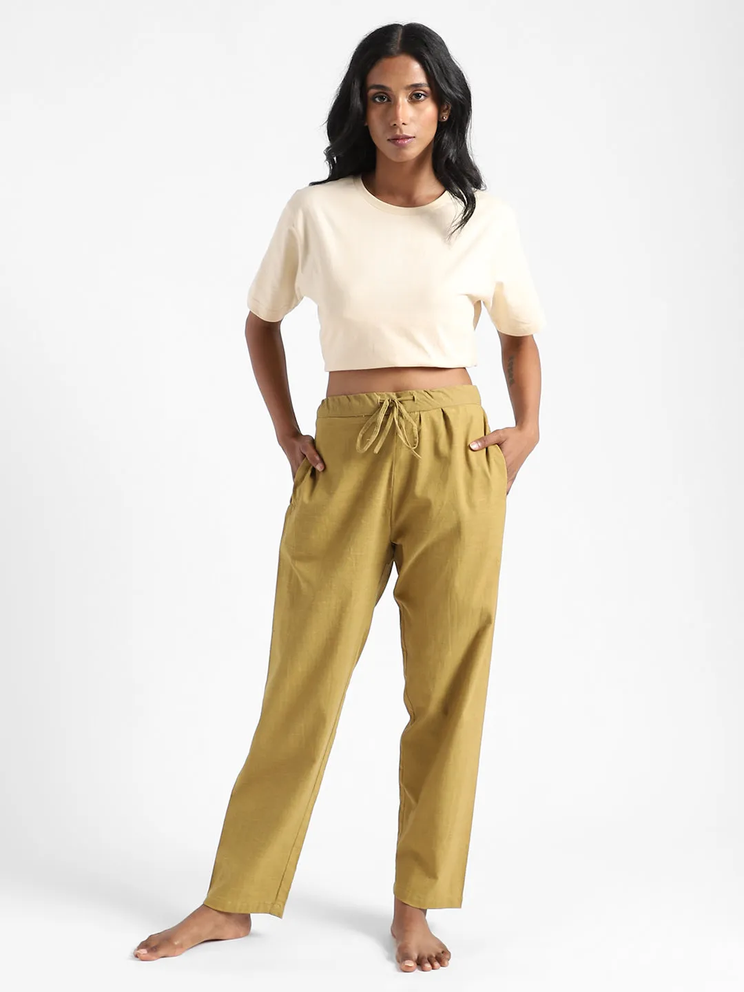 LivBio Women's Pants | Henna Green | 100% Organic Cotton | Naturally Dyed | Hand Spun and Hand Woven Trousers | Relaxed Fit