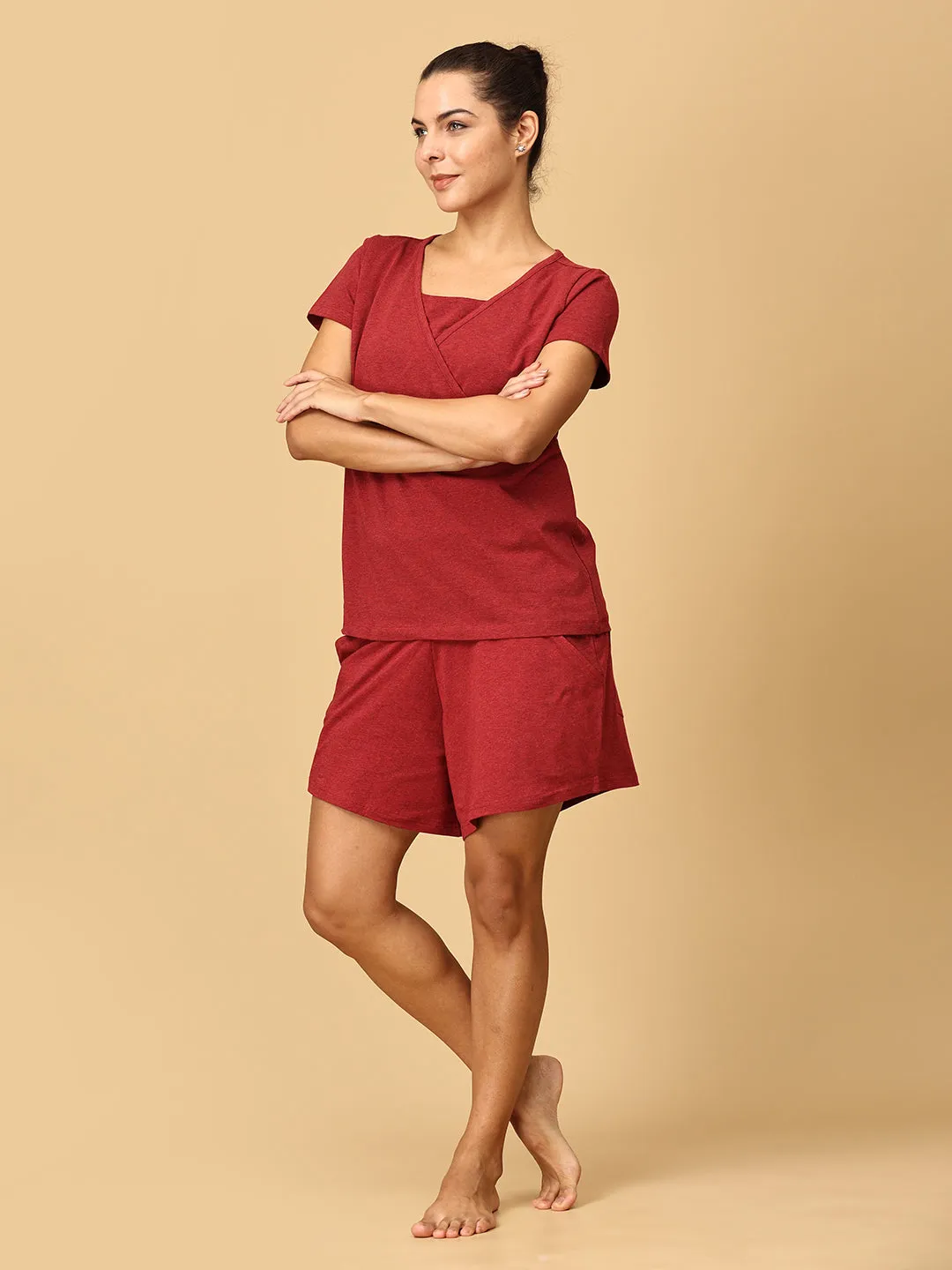 Maternity and Nursing Top & Maternity Shorts Combo- Red Melange