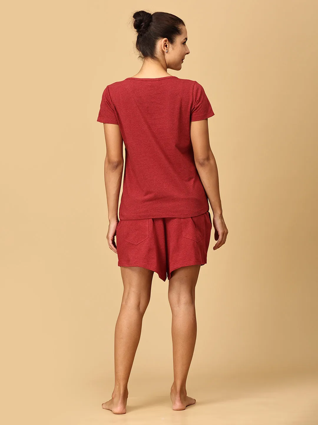 Maternity and Nursing Top & Maternity Shorts Combo- Red Melange
