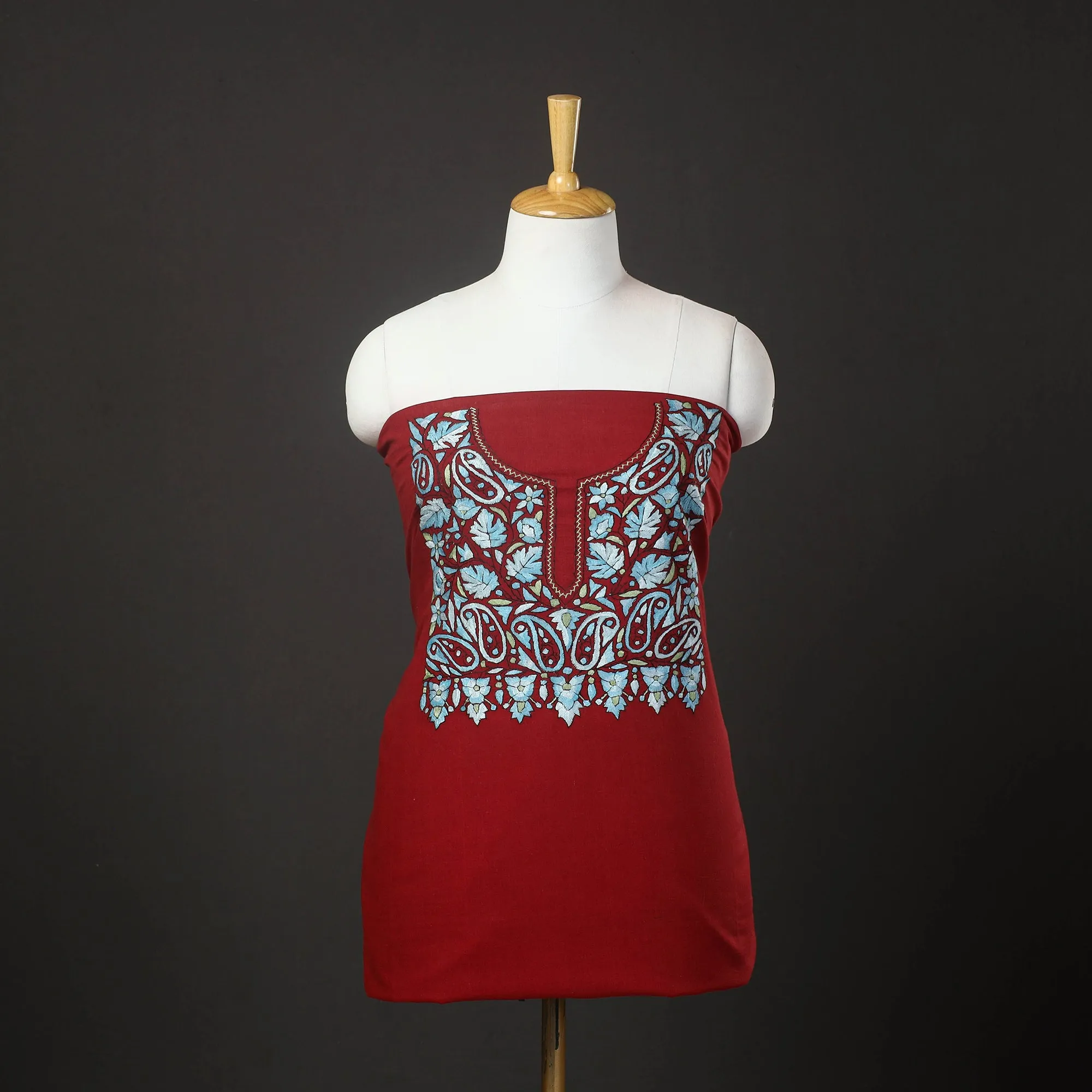 Red - 2pc Kashida Hand Embroidery Cotton Dress Material 52