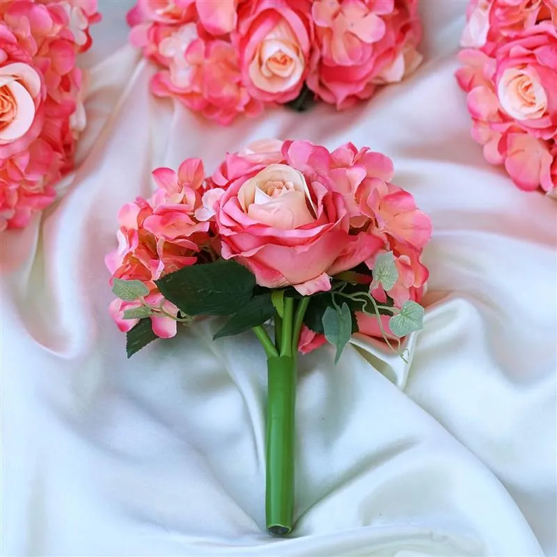 Rose & Hydrangea Bouquet Artificial Silk Flowers - Coral