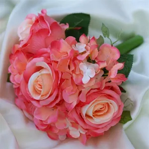 Rose & Hydrangea Bouquet Artificial Silk Flowers - Coral