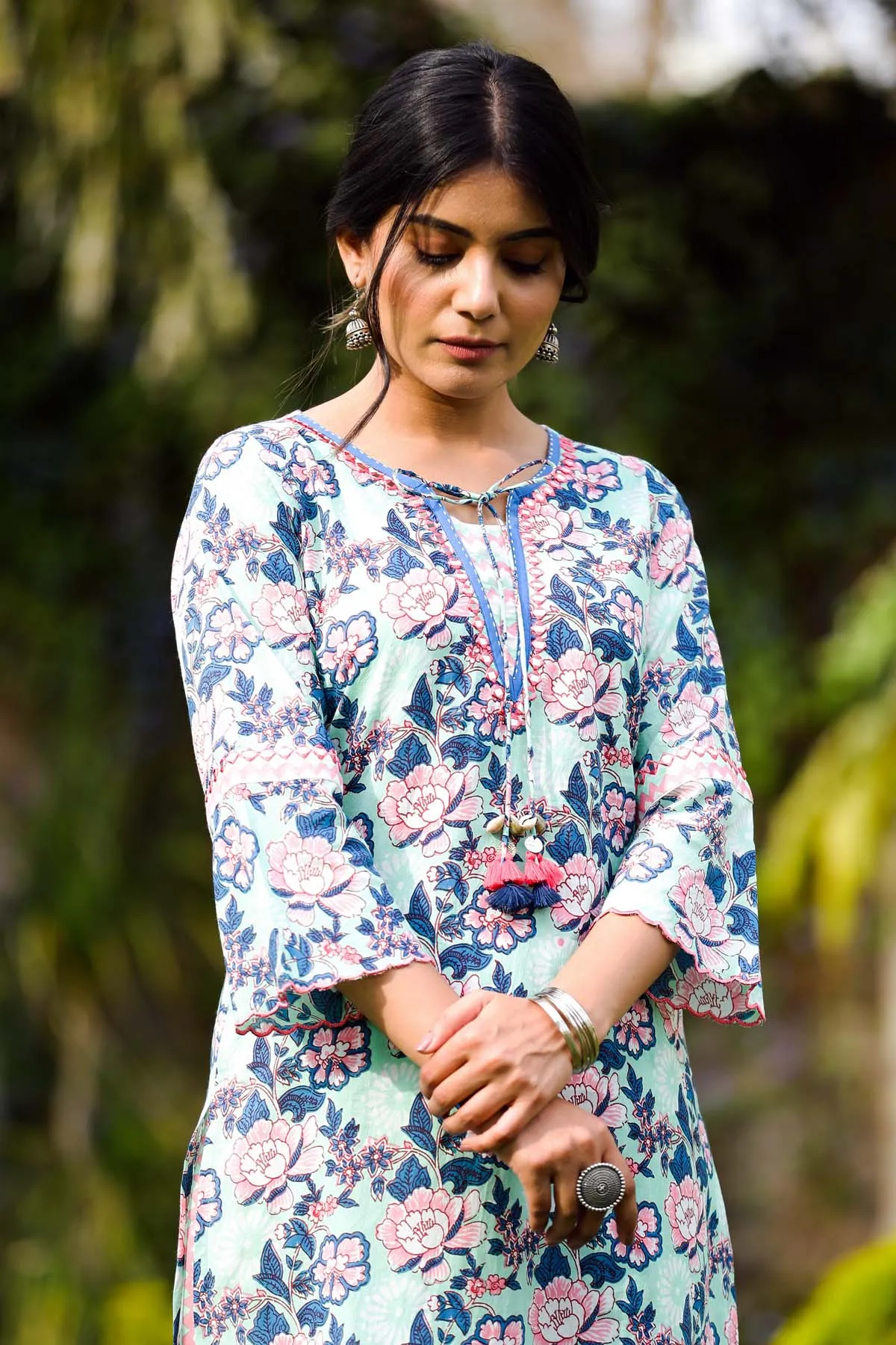 Straight fit floral print kurta in mint green color