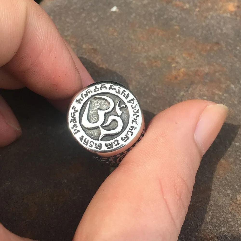 Talisman OM Buddhist Amulet Ring Antique Stainless Steel Buddha Ring