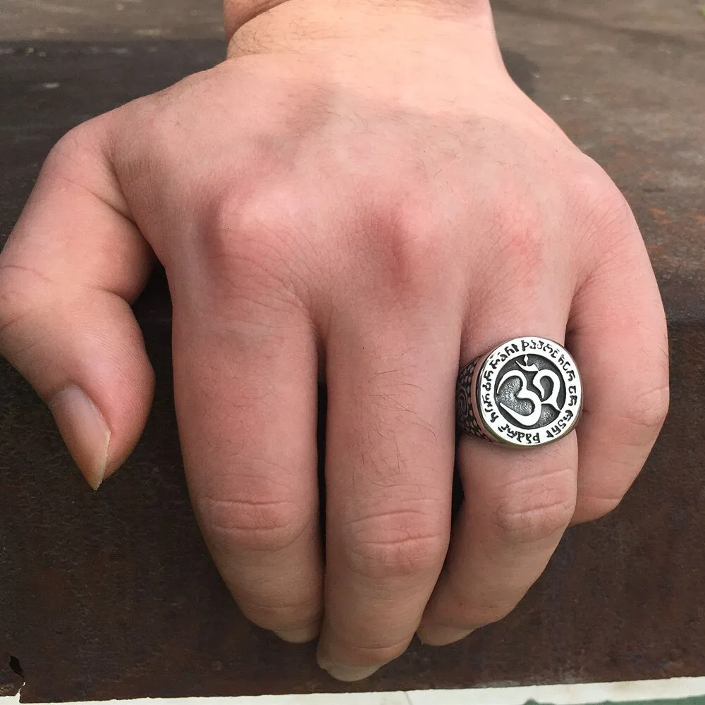 Talisman OM Buddhist Amulet Ring Antique Stainless Steel Buddha Ring