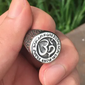 Talisman OM Buddhist Amulet Ring Antique Stainless Steel Buddha Ring