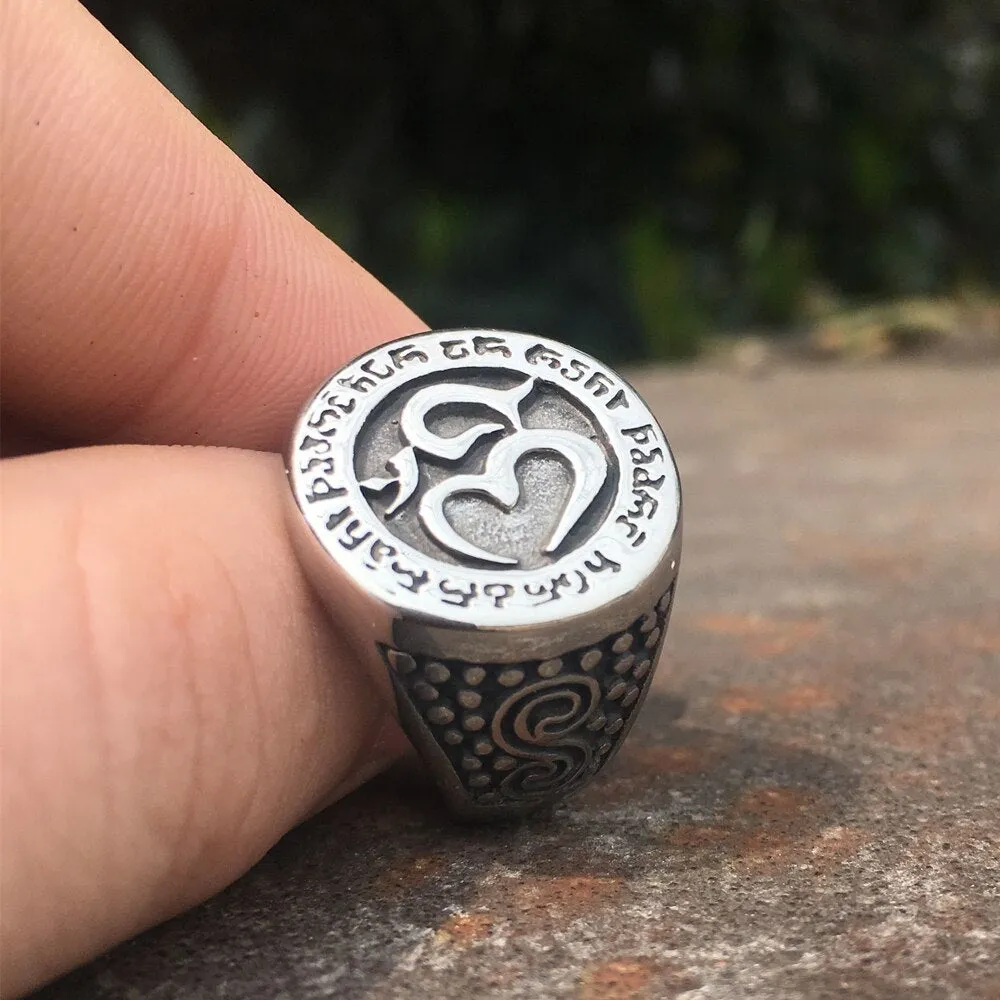 Talisman OM Buddhist Amulet Ring Antique Stainless Steel Buddha Ring