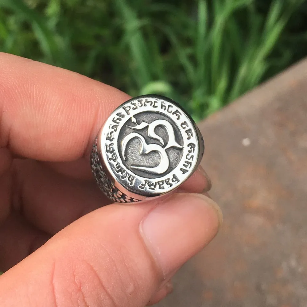 Talisman OM Buddhist Amulet Ring Antique Stainless Steel Buddha Ring