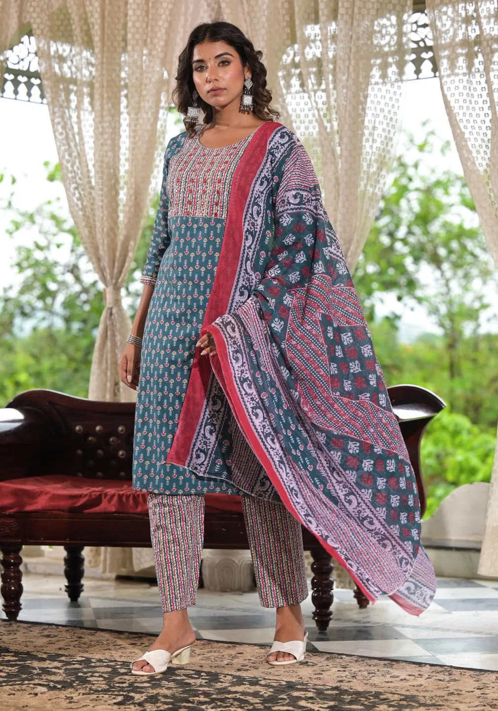 Teal Blue Ethnic Motif Printed Cotton Kurta, Pant And Dupatta Set With Zari & Thread Work