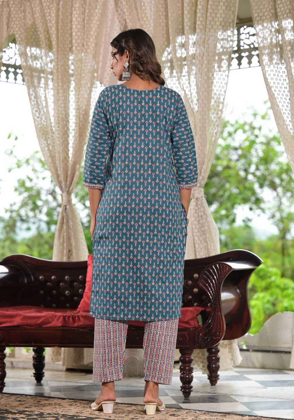 Teal Blue Ethnic Motif Printed Cotton Kurta, Pant And Dupatta Set With Zari & Thread Work
